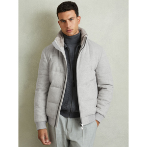 REISS FARID Quilted Wool Blend Herringbone and Faux Fur Jacket